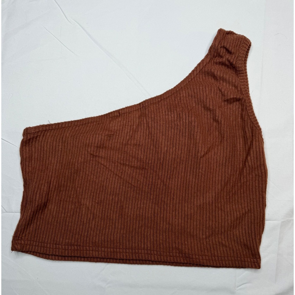 PrettyLittleThing One Shoulder Ribbed Crop Top Brown Stretch Asymmetrical US 8 - Picture 2 of 5
